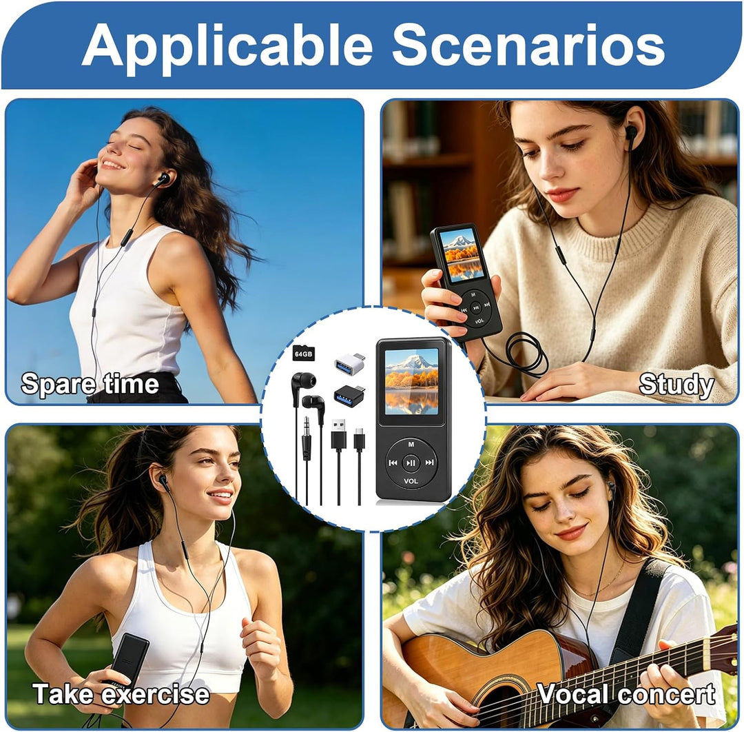 MP3 Player Bluetooth 5.3 64 GB mit 1,8 Zoll TFT Farbdisplay, HiFi Musik Player mit Lautsprecher, Kop