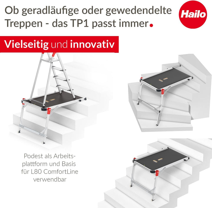 Hailo Stehleiter L80 ComfortLine im Set mit TP1 Treppenpodest - klappbare Aluleiter mit 4 XXL-Sicher