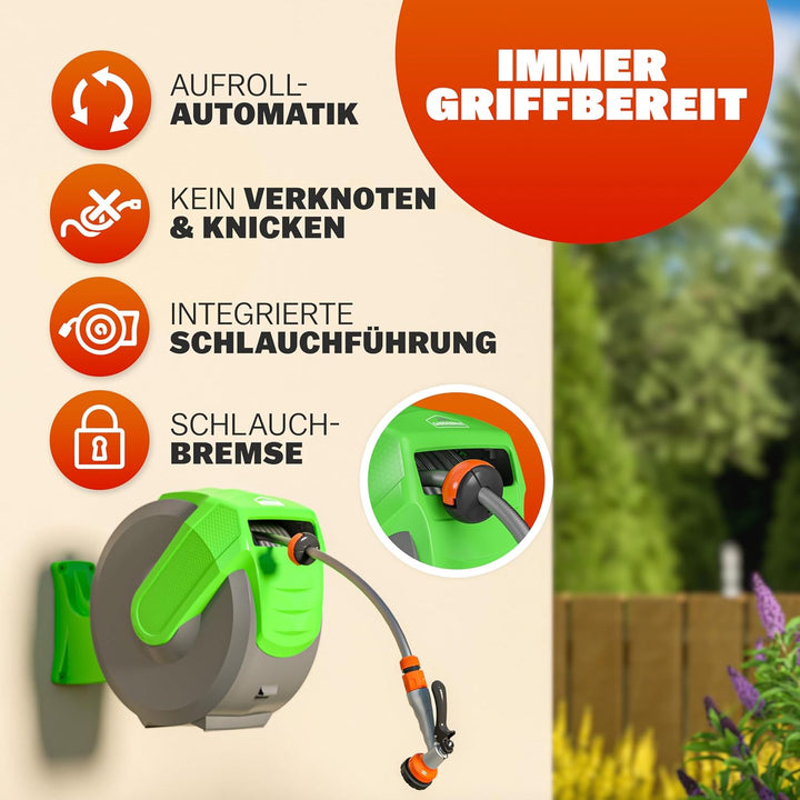 GARDEBRUK® Schlauchtrommel 20m + 2m mit Wandhalterung Garten 1/2' Multifunktions-Handbrause Schlauch
