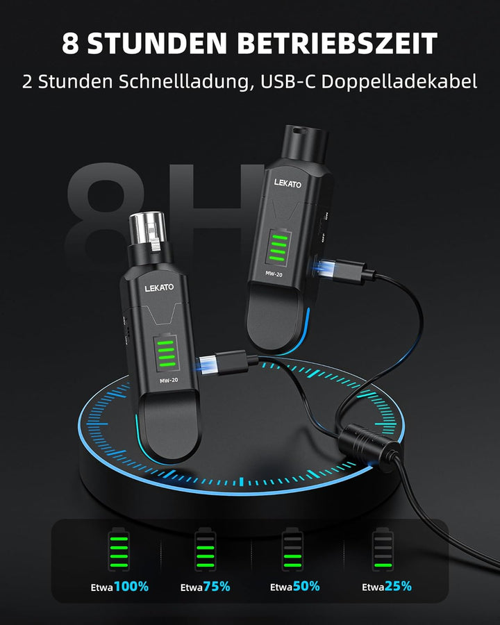 LEKATO 2,4 GHz Funkmikrofonsystem, XLR Sender Empfänger, 48V Phantomspeisung, für Kondensator & Dyna
