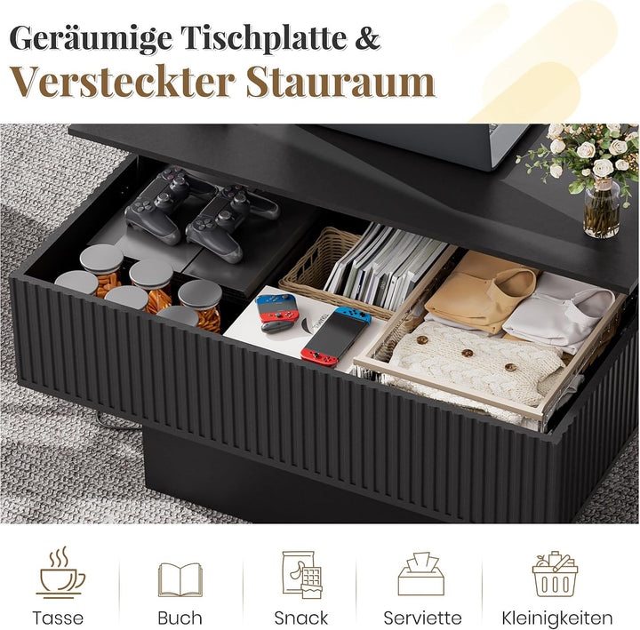 38,2" Lift-Top-Couchtisch mit Stauraum und LED-Beleuchtung, Moderner geriffelter Massivholz-Couchtis