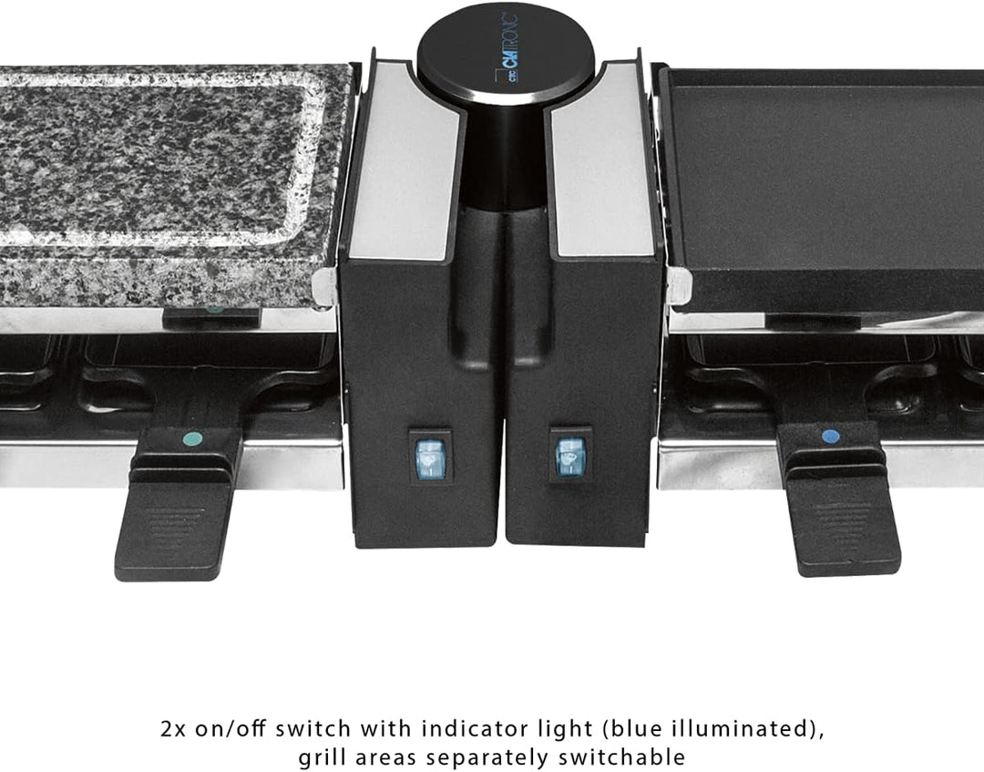 Clatronic RG 3678, 2in1 Raclette-Grill, Naturgrillstein & Wendegussplatte, 180°-Drehgelenk, 8 Pfännc