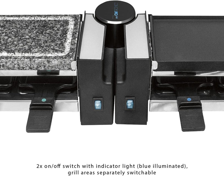 Clatronic RG 3678, 2in1 Raclette-Grill, Naturgrillstein & Wendegussplatte, 180°-Drehgelenk, 8 Pfännc