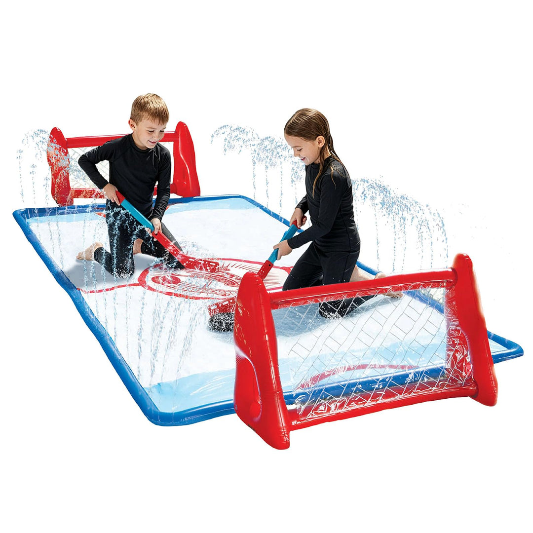 Wham-O Slip N Slide Wasser-Kniehockey-Set mit 2 aufblasbaren Toren, 2 Schlägern und 1 Puck für Garte