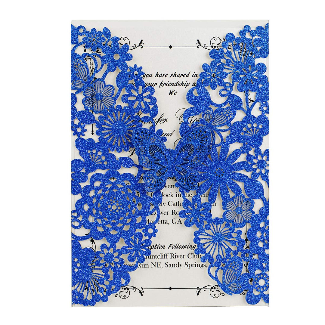 Hosmsua 20x Blau Glitzer Laserschnitt Spitze Flora Hochzeit Einladungskarten mit Schmetterling und U