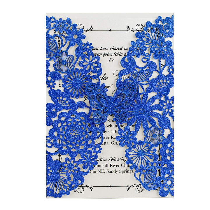 Hosmsua 20x Blau Glitzer Laserschnitt Spitze Flora Hochzeit Einladungskarten mit Schmetterling und U