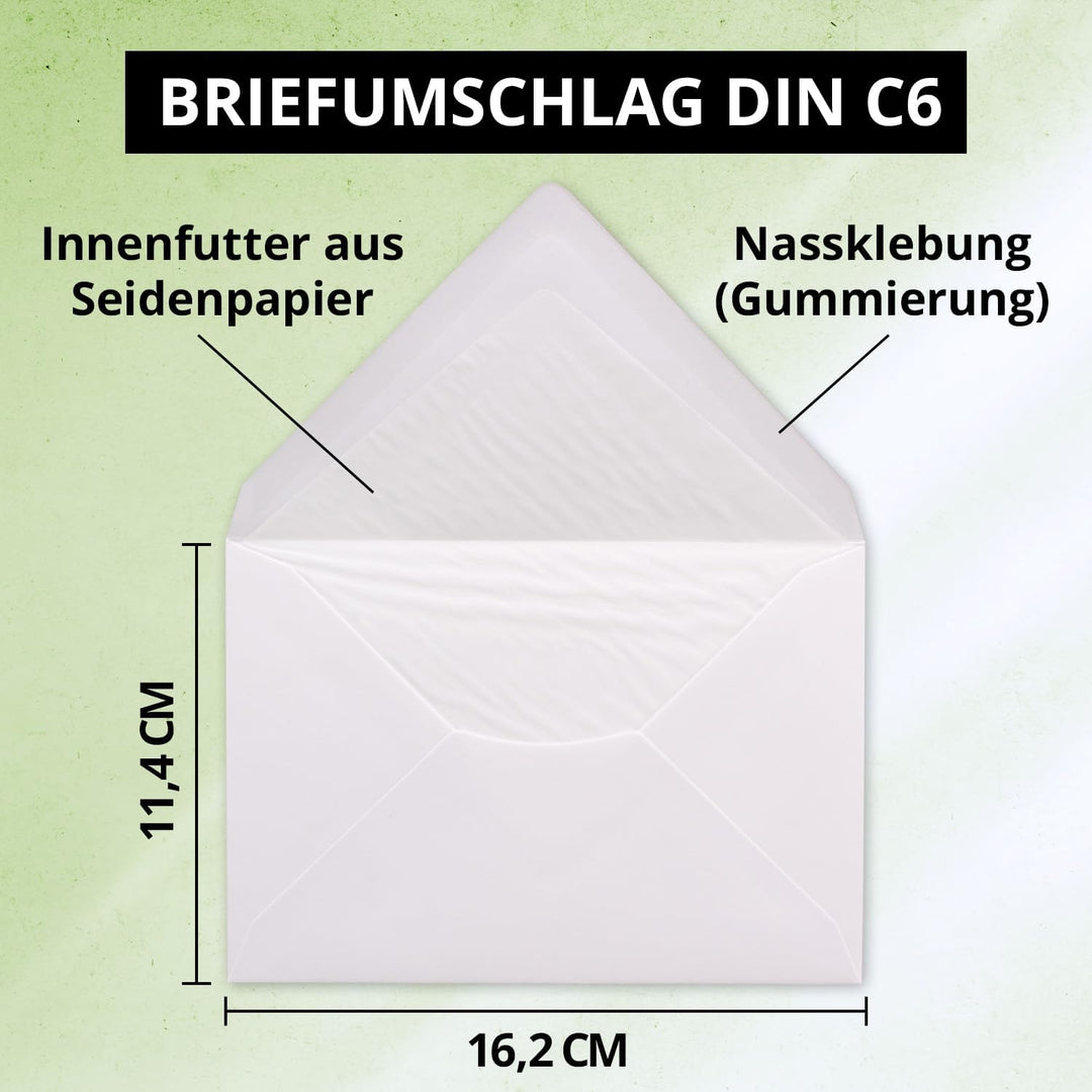 300 Briefumschläge Weiss - DIN C6 - gefüttert mit weissem Seidenpapier - 100 g/m² - 11,4 x 16,2 cm -