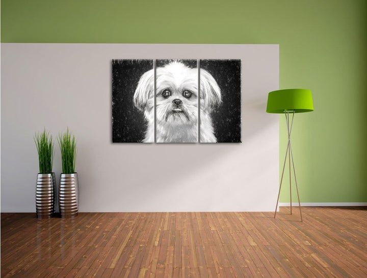 Pixxprint lustiger Kleiner Hund Kunst / 3-Teilig/Gesamtmass 120cm Leinwandbild bespannt auf Holzrahm