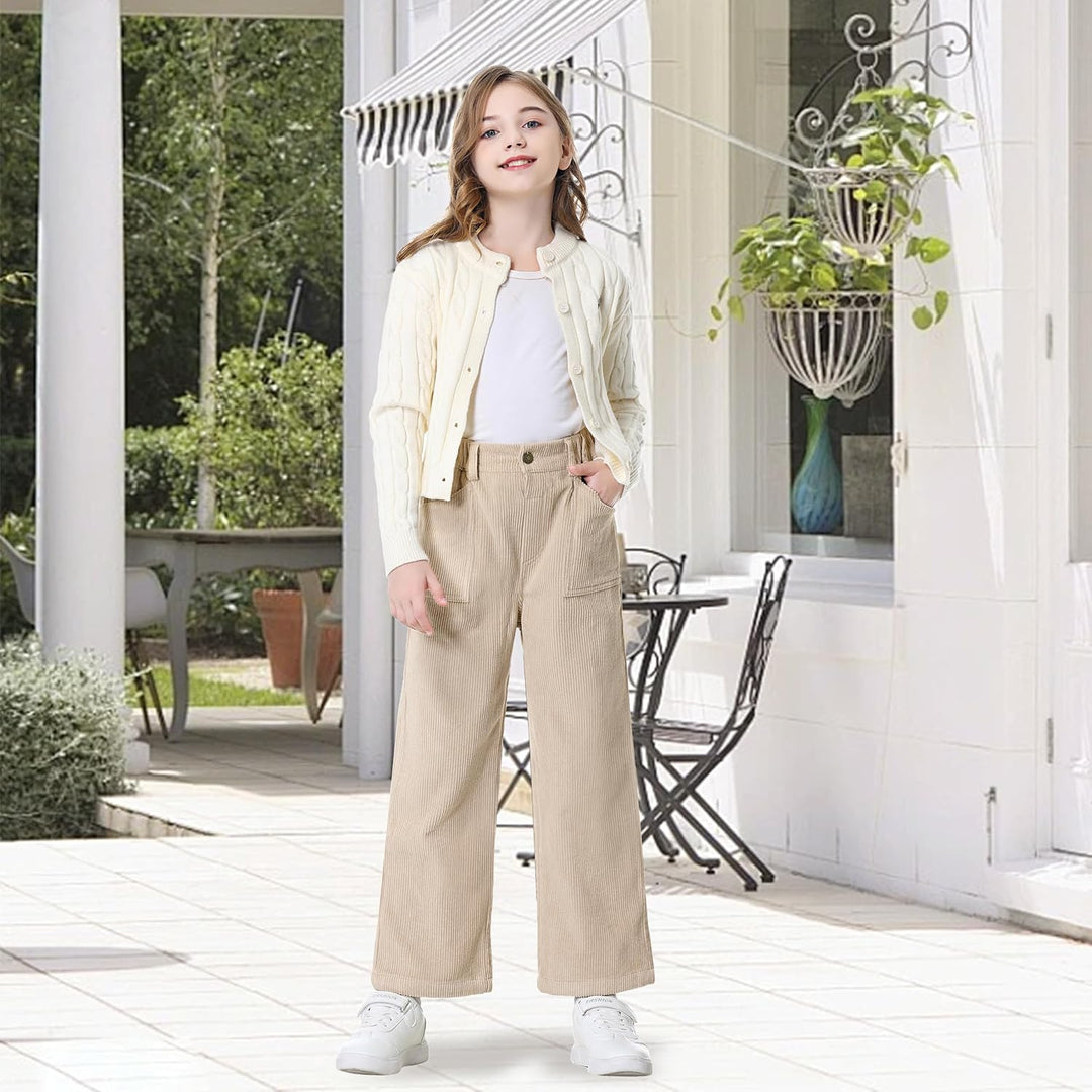 Rolanko Mädchen Cordhose, Pull On Elastische Taille Gerades Bein Abgeschnitten Lange Hosen für Kinde