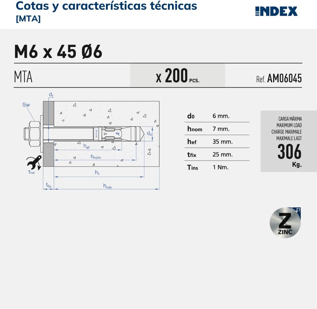 INDEX Fixing Systems 100 Stück Verankerungen für hohe Lasten, verzinkt, M8 x 65 mm, Durchmesser 8 mm