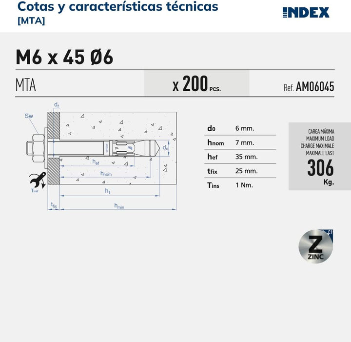 INDEX Fixing Systems 50 Stück Verankerungen für hohe Lasten, verzinkt, M10 x 170 mm, Durchmesser 10