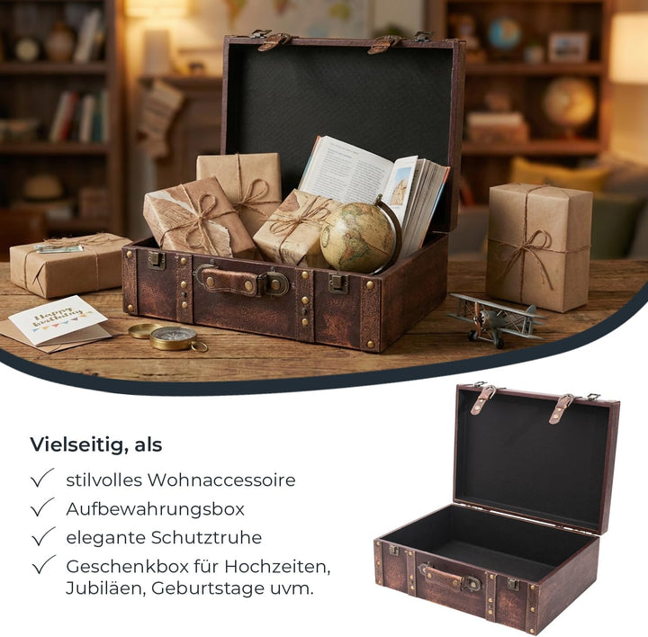 HMF Vintage Deko Koffer aus Holz, Aufbewahrungsbox mit Deckel und Ledergriff, stilvolle Aufbewahrung