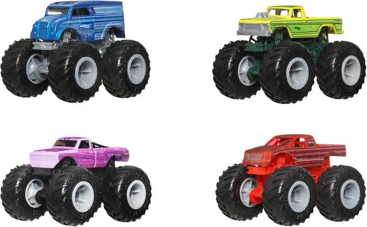 Hot Wheels Monster Trucks 4er-Pack, Set aus 4 Spielzeugfahrzeugen im Massstab 1:64 mit riesigen Räde
