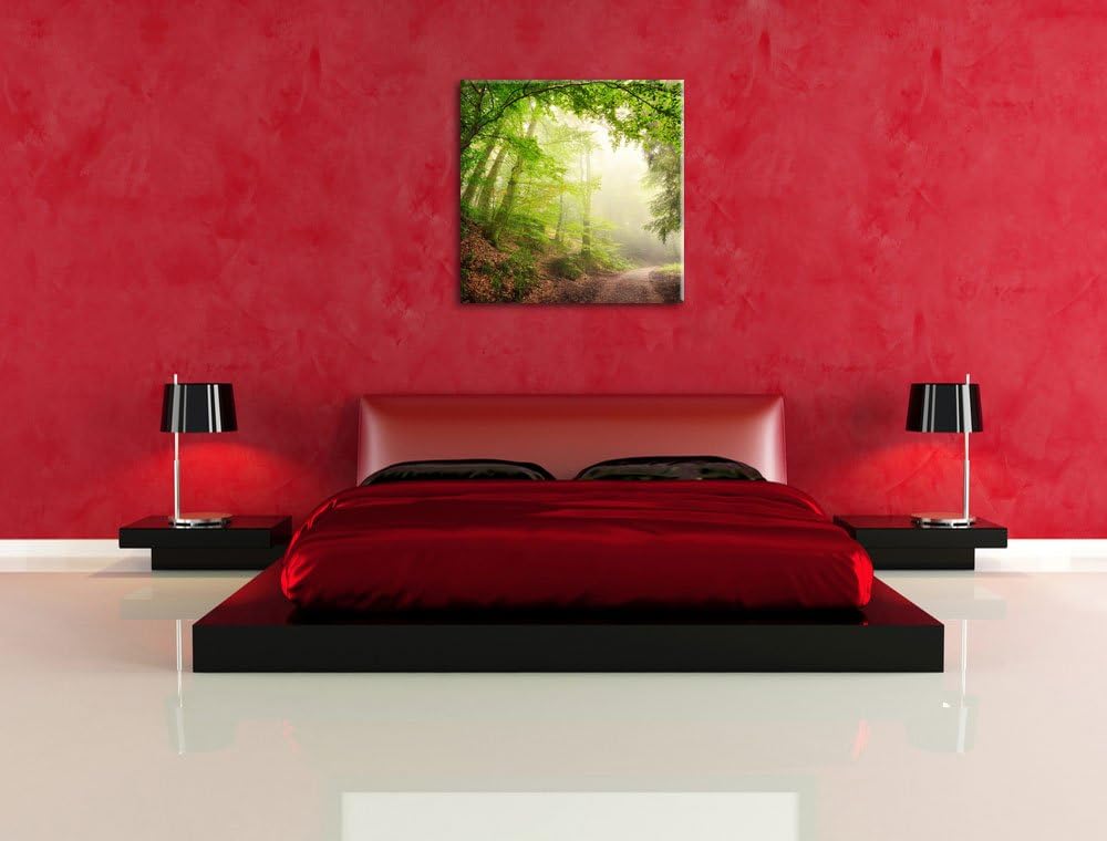 Sonnenstrahlen Waldweg, Format: 70x70 auf Leinwand, XXL riesige Bilder fertig gerahmt mit Keilrahmen