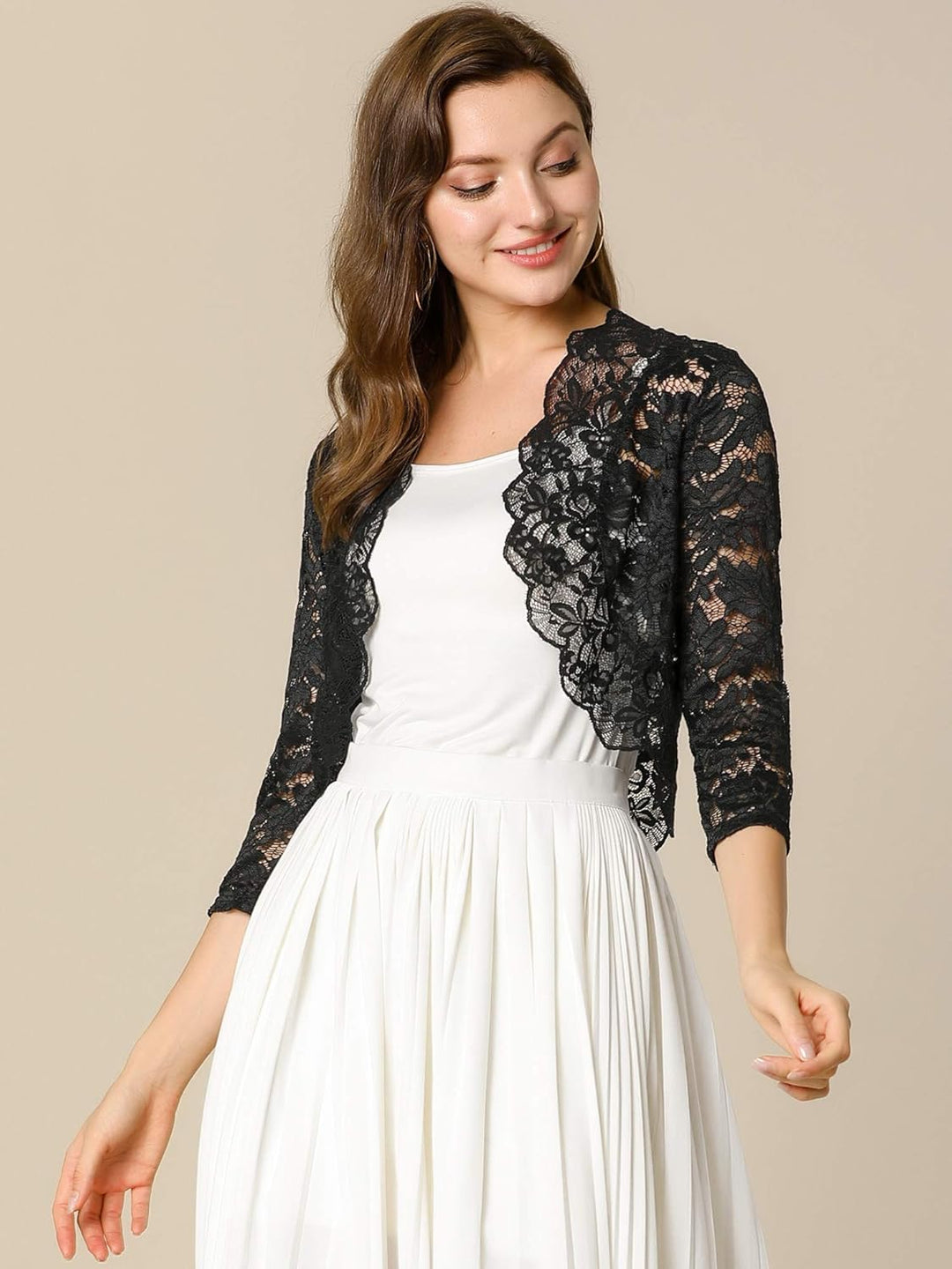 Allegra K Elegantes Damen-Oberteil mit 3/4-Ärmeln, durchscheinend, florales Spitzenoberteil XS Schwa