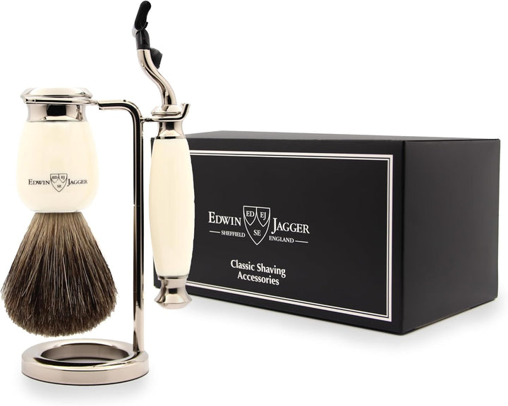 Edwin Jagger Rasur-Geschenk-Set- Pure Badger Dachshaar-Rasierpinsel, Gillette Mach 3 Rasierer, verni