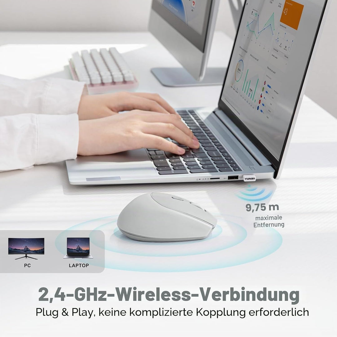 YUNZII C2 Drahtlose Maus, 2,4 GHz Silikon-Lautlose Funkmaus, 3 Verstellbare DPI, 1600 DPI Tracking,