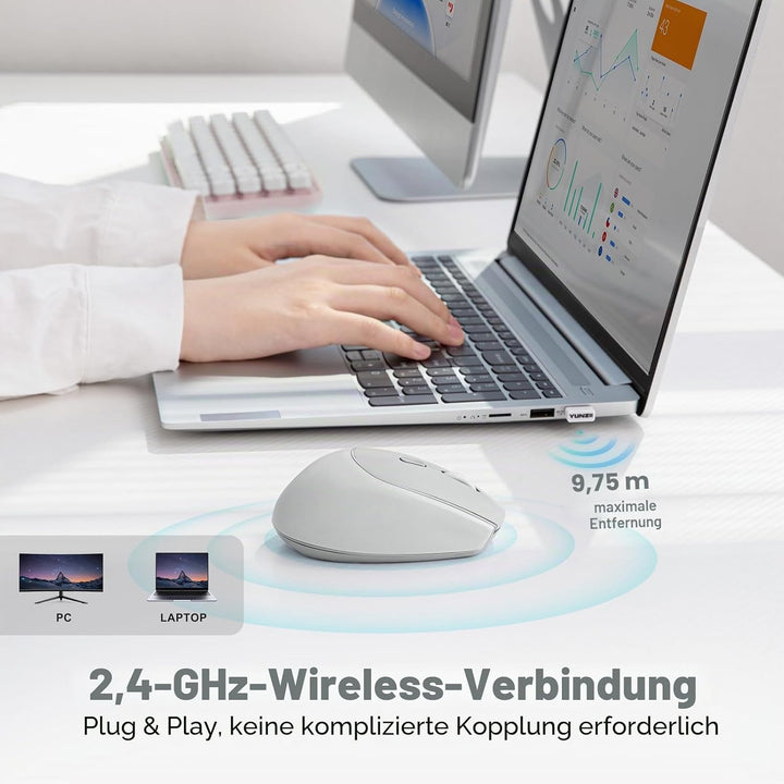 YUNZII C2 Drahtlose Maus, 2,4 GHz Silikon-Lautlose Funkmaus, 3 Verstellbare DPI, 1600 DPI Tracking,