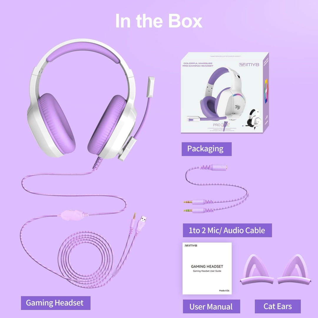 Gaming Headset mit Katzenohren abnehmbaren, RGB-Licht, Stereo Surround Noise Cancelling, Mikrofon fü