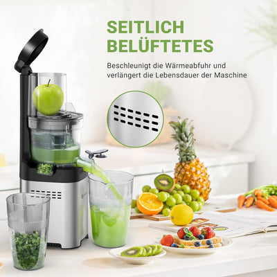 AMZCHEF Entsafter Testsieger 250W Edelstahl Slow Juicer - 79mm Öffnung für Gemüse/Ganzes Obst, Anti-