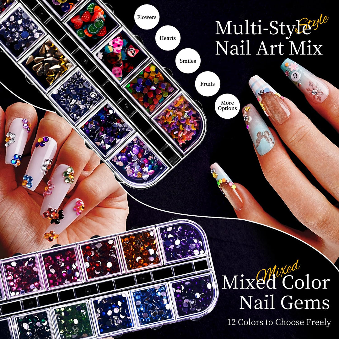JODSONE Nagelcharms, Nagel-Rhinestone-Set mit 6 Schachteln Rhinestones, 12 Nagelsticker in zwei Farb