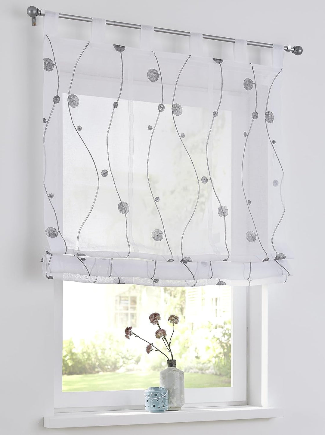 Nelly Raffrollo mit Schlaufen weiss Raffgardine halbtransparent mit Stickerei modern grau, Polyester