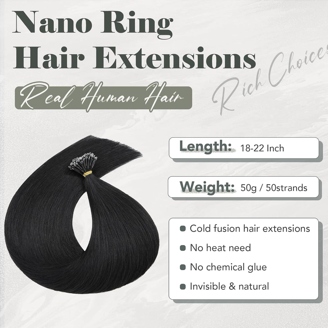 Rich Choices Nanoring Extensions Echthaar Nano Extensions 40cm #1 Lackschwarz Unsichtbare Haarverlän
