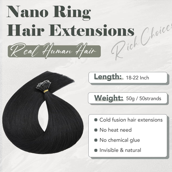 Rich Choices Nanoring Extensions Echthaar Nano Extensions 40cm #1 Lackschwarz Unsichtbare Haarverlän