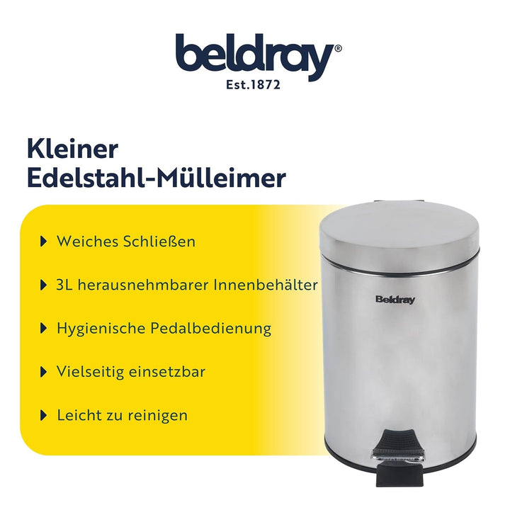 Beldray LA038098SS Badezimmer-Fusspedal-Mülleimer - Kleiner runder Edelstahl-Hygienemülleimer für Sc