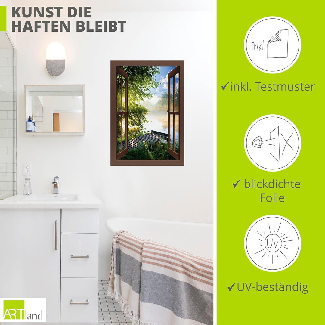 ARTland Wandbild selbstklebend Vinylfolie 70x100 cm Fensterblick Fenster Landschaft Wald Natur See A