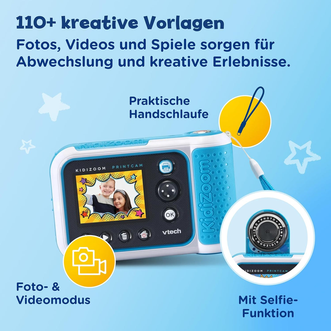 Vtech KidiZoom Print Cam blau – Sofortbild-Kinderkamera mit Druckfunktion,Selfie- und Videofunktion,