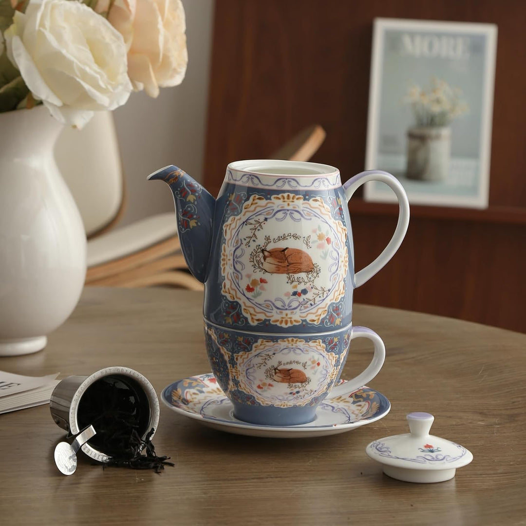 London Pottery Teekannen-Set aus Knochenporzellan, Teekanne und Servierset für einen, Tiermuster, Te
