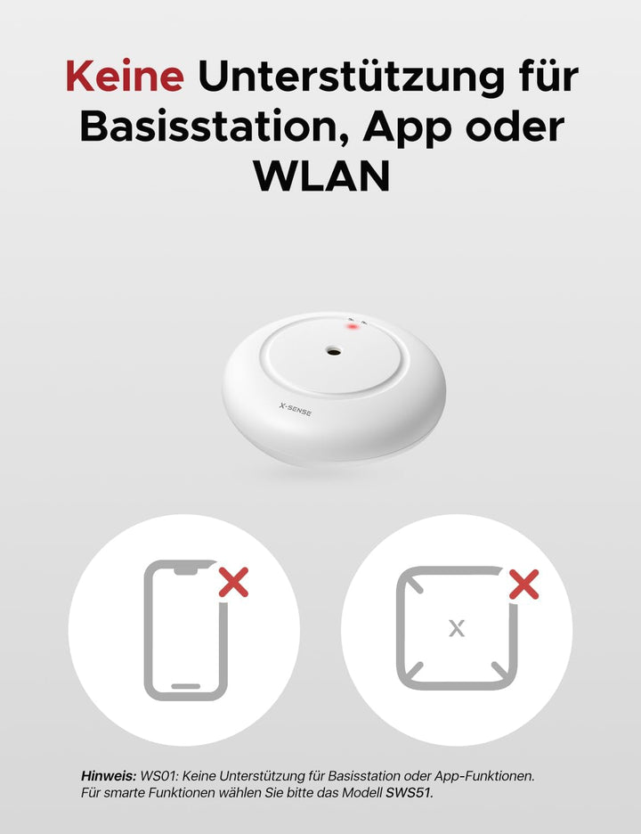X-Sense STANDALONE Wassermelder mit Batterie, Wassersensor IP66, Mini-Wasserdetektor mit 110 dB Audi