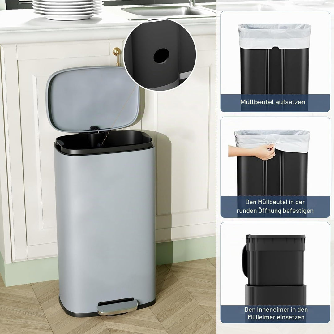 Clevich Mülleimer 30L aus Stahl, Abfalleimer, Tretmülleimer mit Soft-Close Deckel, Fusspeda, abnehmb