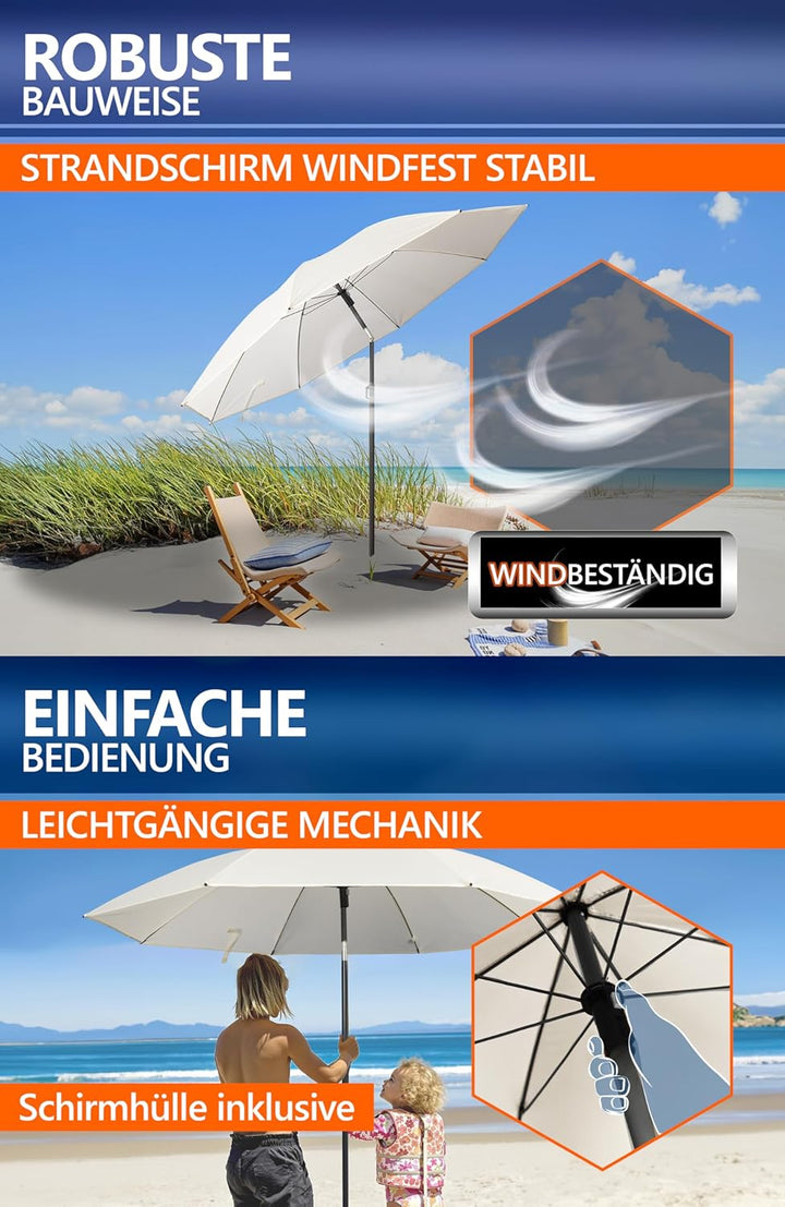 4smile Sonnenschirm Strand Ø 180 cm mit Hüll, Beige - UPF 50+ Strandschirm SunnyJoy, Strandschirm wi