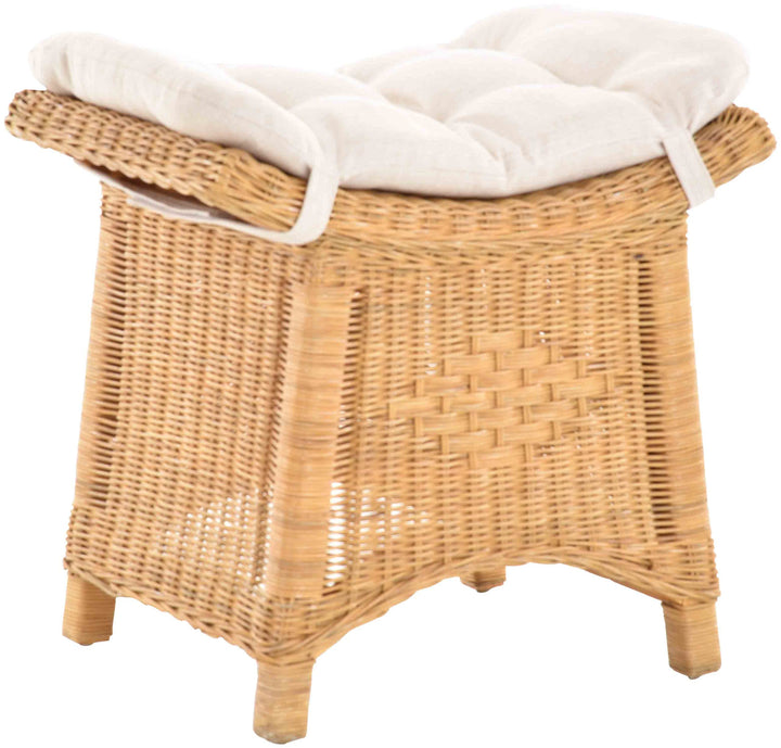 Fusshocker mit geschwungener Ablage, Stabiler Sitzhocker/Schemel/Hocker aus echtem Rattan mit Kissen