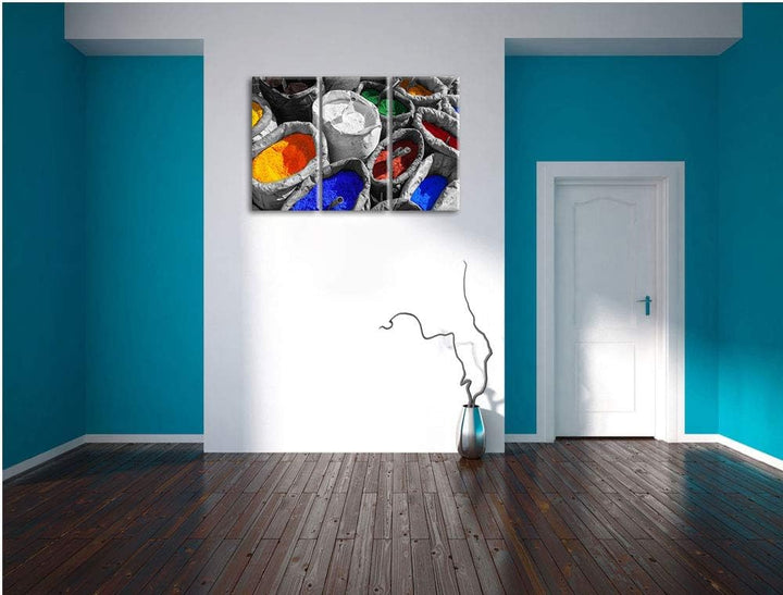 Bunte Farben für Holi Festival schwarz/weiss 3-Teiler Leinwandbild 120x80 Bild auf Leinwand, XXL rie