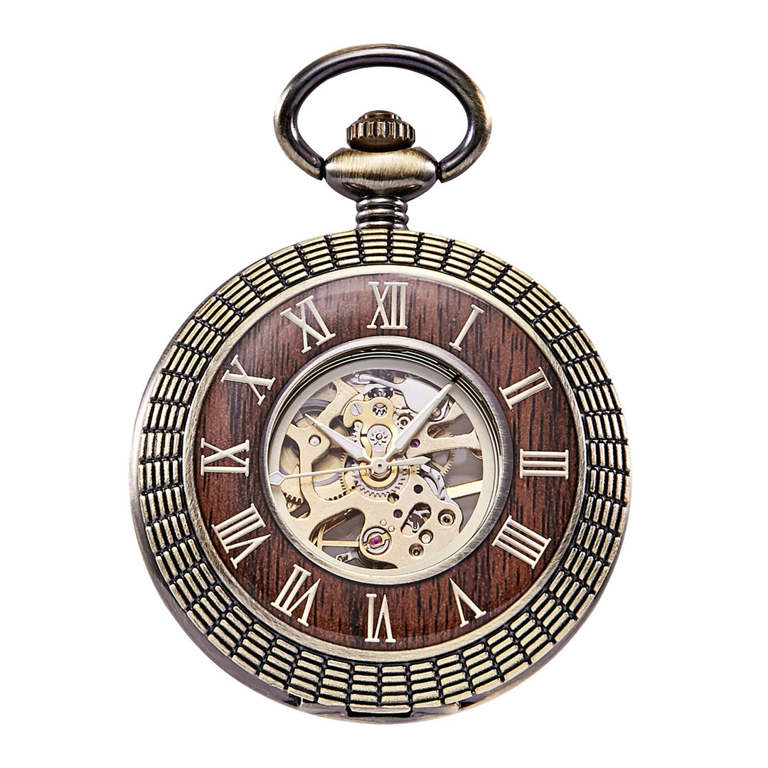 TREEWETO Unisex Holz Taschenuhr mit Kette Analog Handaufzug Skelett Römische Ziffern (Holz066)