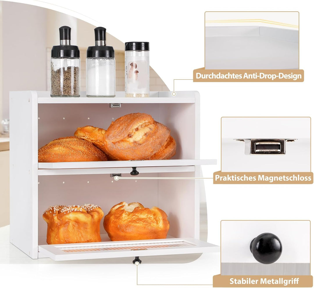 GUUSII HOME Brotkasten Gross Brotbox Küche Holz Gross Brotaufbewahrung 2 Etagen Brotkästen XL 36x24x