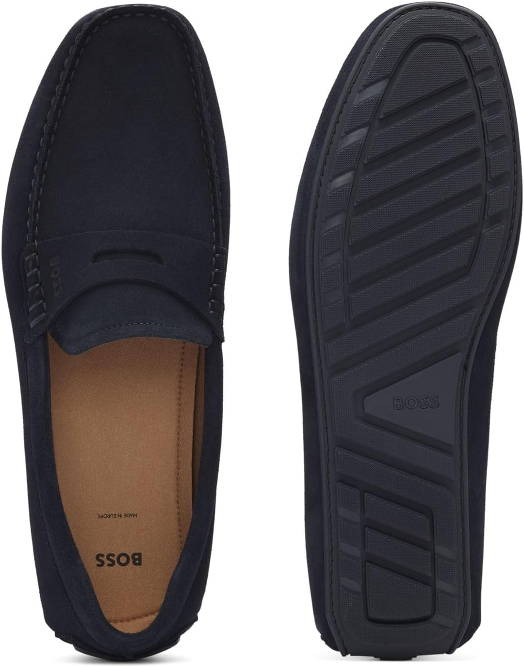 BOSS Herren Noel Mocc Mokassins aus Veloursleder mit Pennyloafer-Detail Grösse 39 EU Dunkelblau, 39