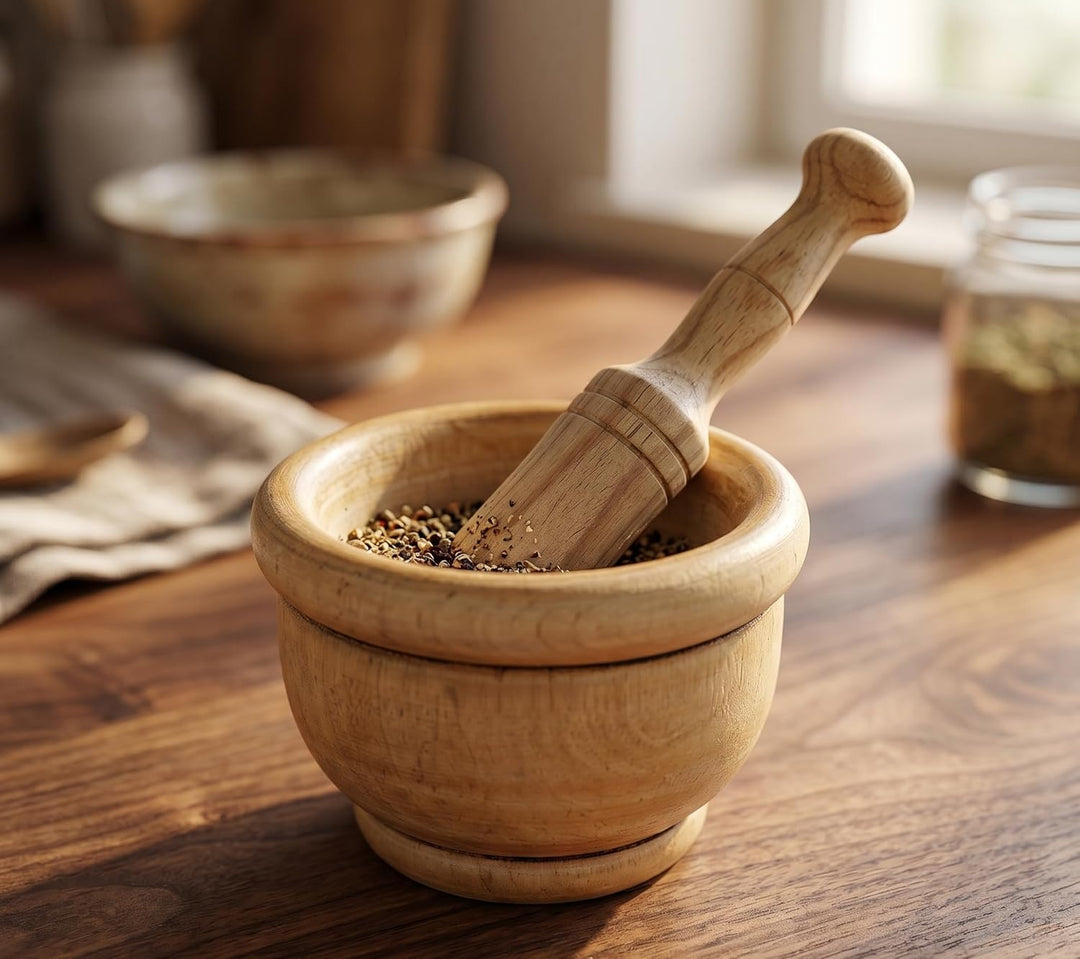 Space Home - Mörser mit Stössel - Mörser und Holzhamme - Ø 14 cm, 14 cm