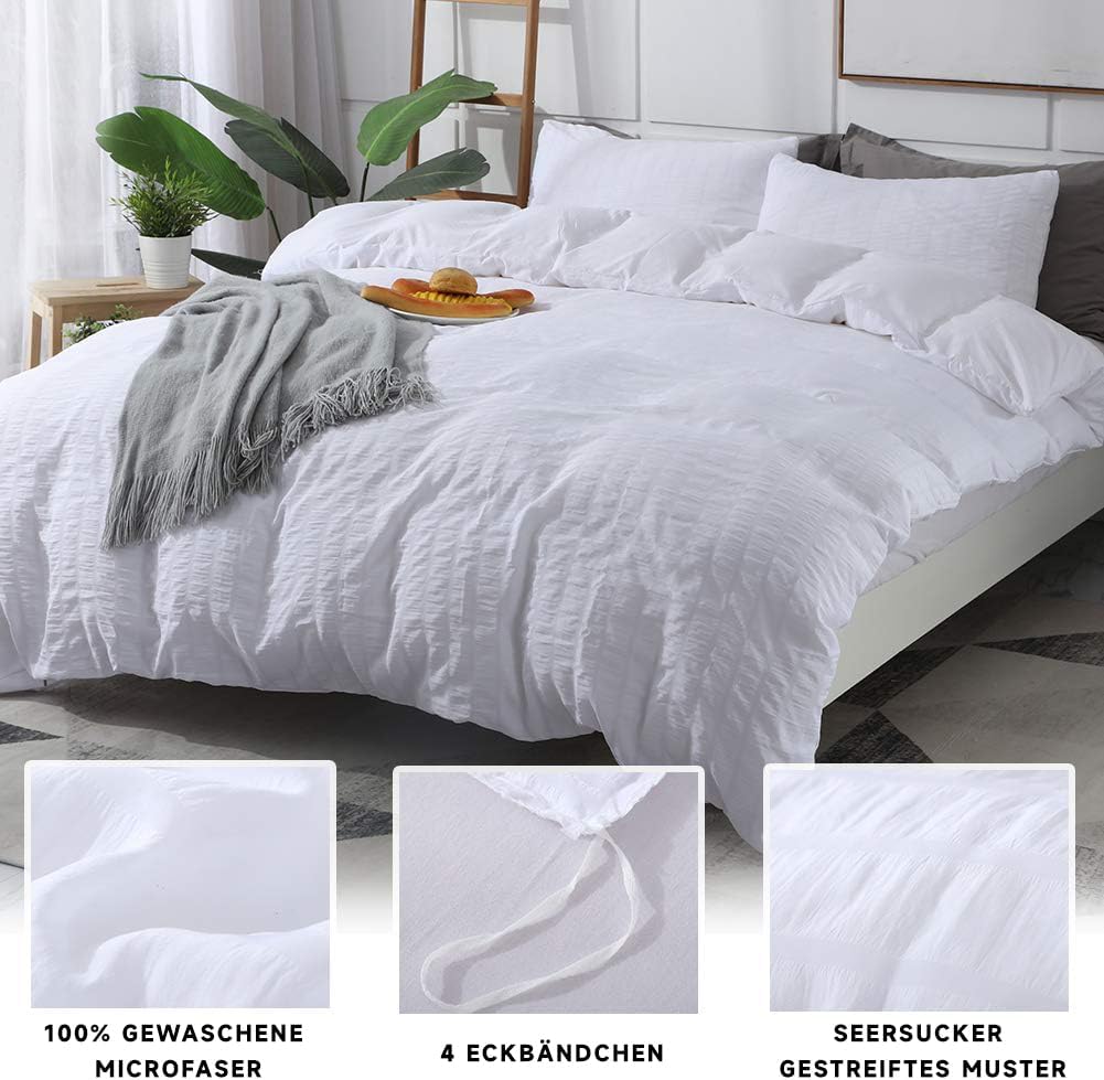 Boqingzhu Seersucker Bettwäsche Weiss 155x220cm 3 Teilig Uni Sommer Atmungsaktiv Kühlende Wende Bett