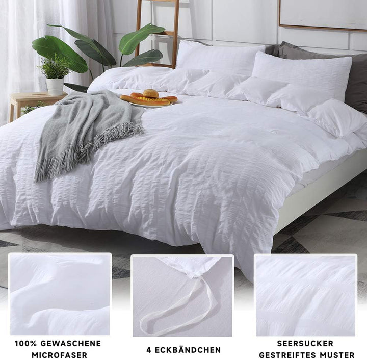Boqingzhu Seersucker Bettwäsche Weiss 155x220cm 3 Teilig Uni Sommer Atmungsaktiv Kühlende Wende Bett