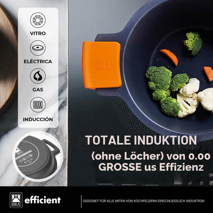 BRA Efficient Hoher Kochtopf mit Glasdeckel und Silikongriffen, Aluminium, schwarz, 20 cm, geeignet