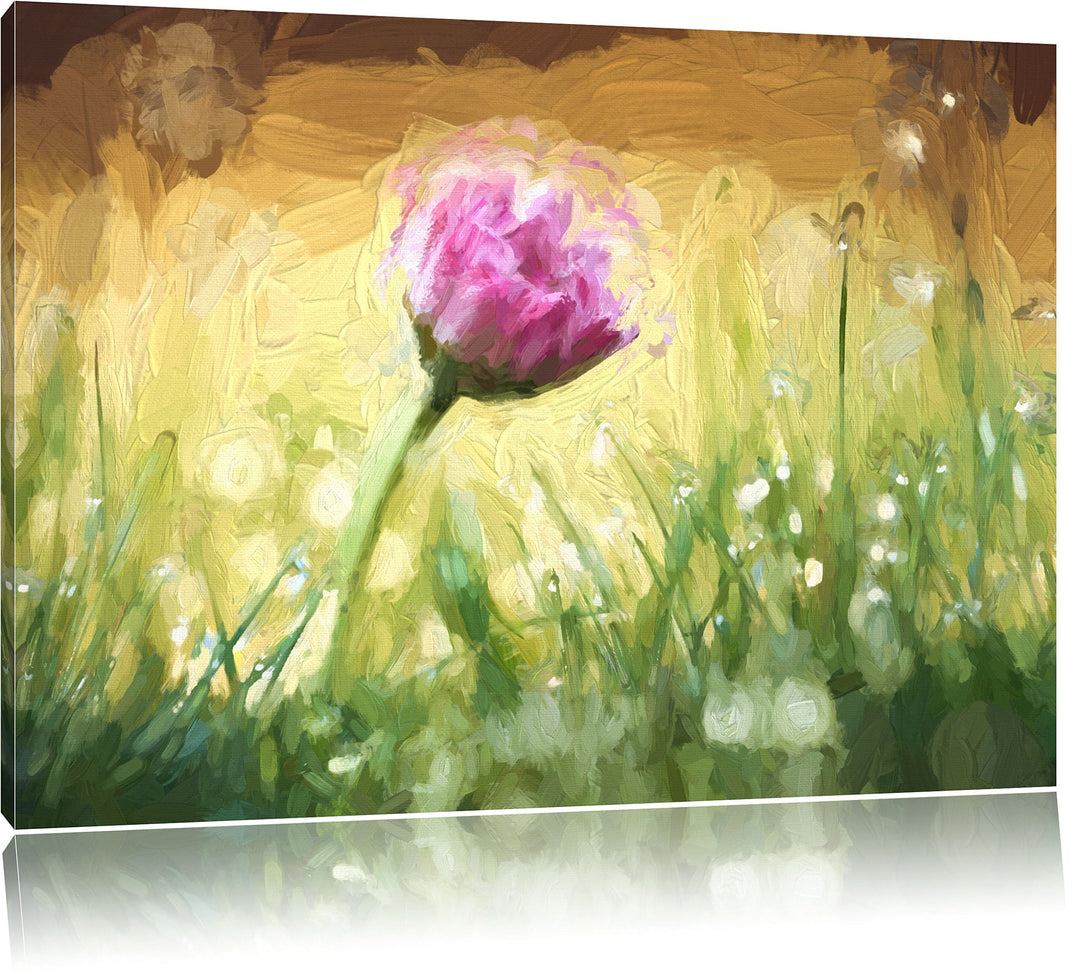 Pixxprint rosa Gänseblümchen im Gras Kunst Pinsel Effekt, Format: 100x70 auf Leinwand, 100x70