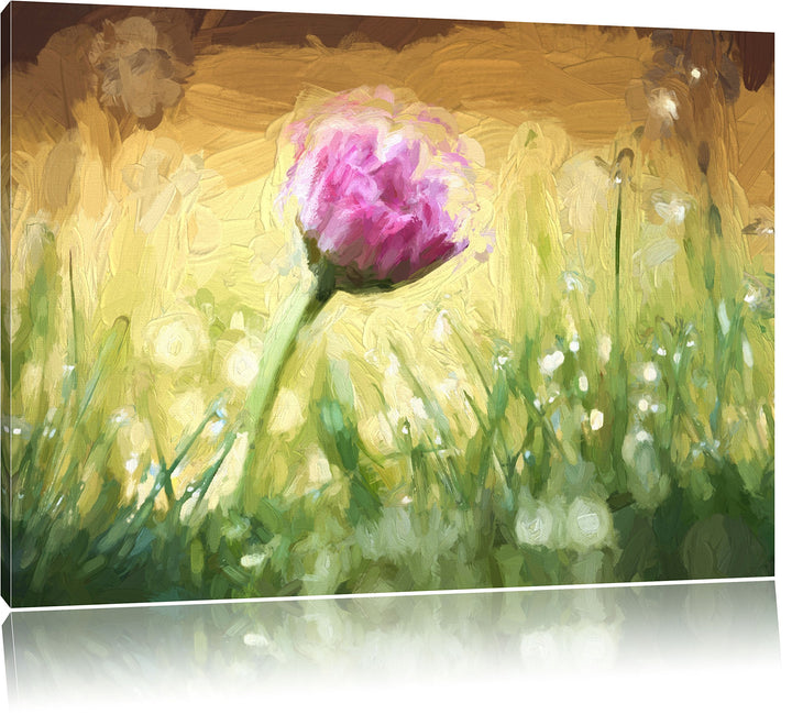 Pixxprint rosa Gänseblümchen im Gras Kunst Pinsel Effekt, Format: 100x70 auf Leinwand, 100x70