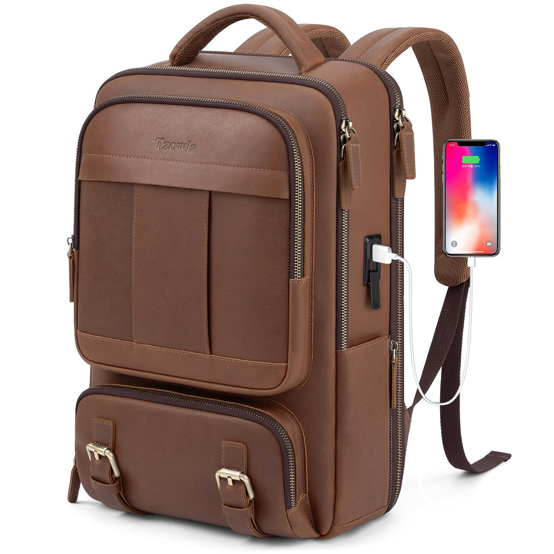 Tzowla Lederucksack Herren,Tasche für Damen Echtleder,Laptop Rucksack für Business und Arbeit für 15