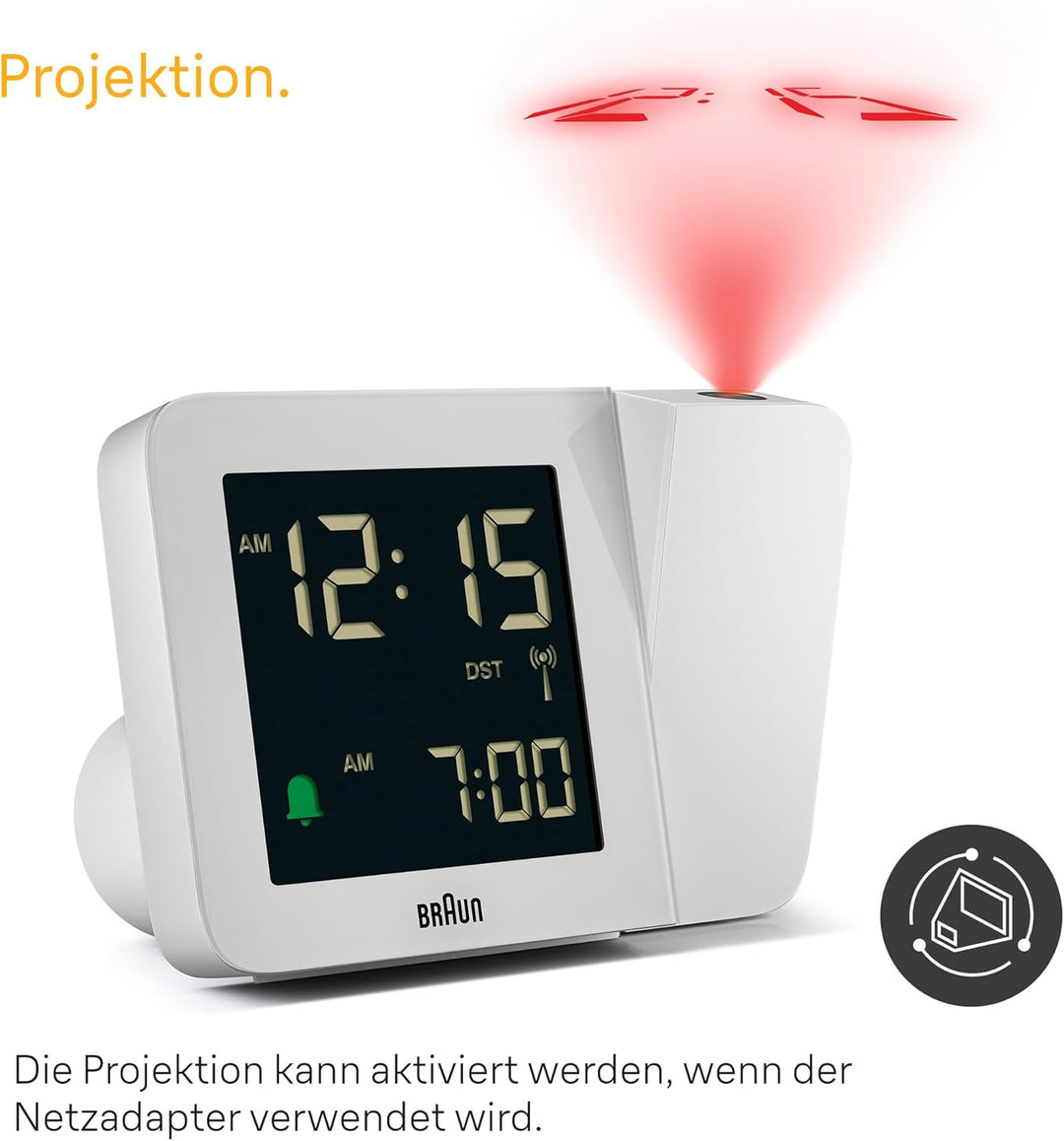 Braun Digitaler Funk-Projektionswecker für die mitteleuropäische Zeitzone (DCF) mit negativem LCD-Di