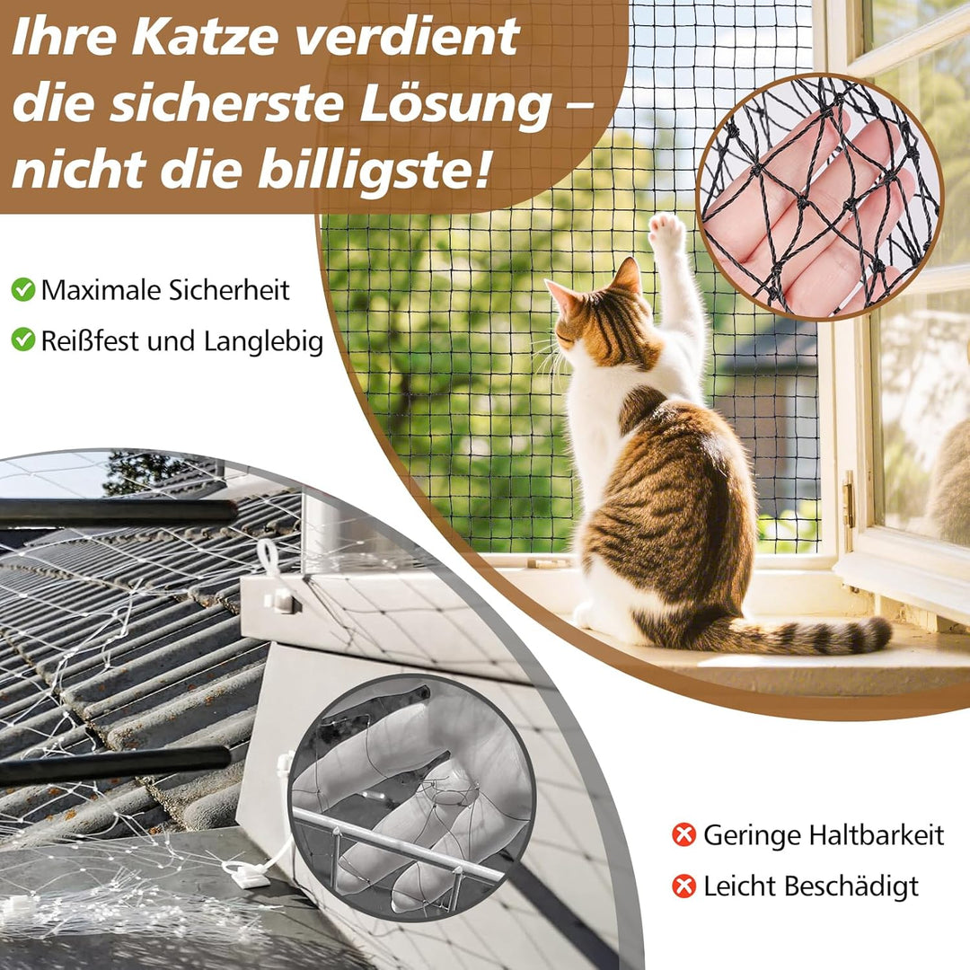 Aystkniet Katzennetz für Balkon Ohne Bohren 6×2M inlk. Klebehaken & Silikonkleber, Robustes Katzenne