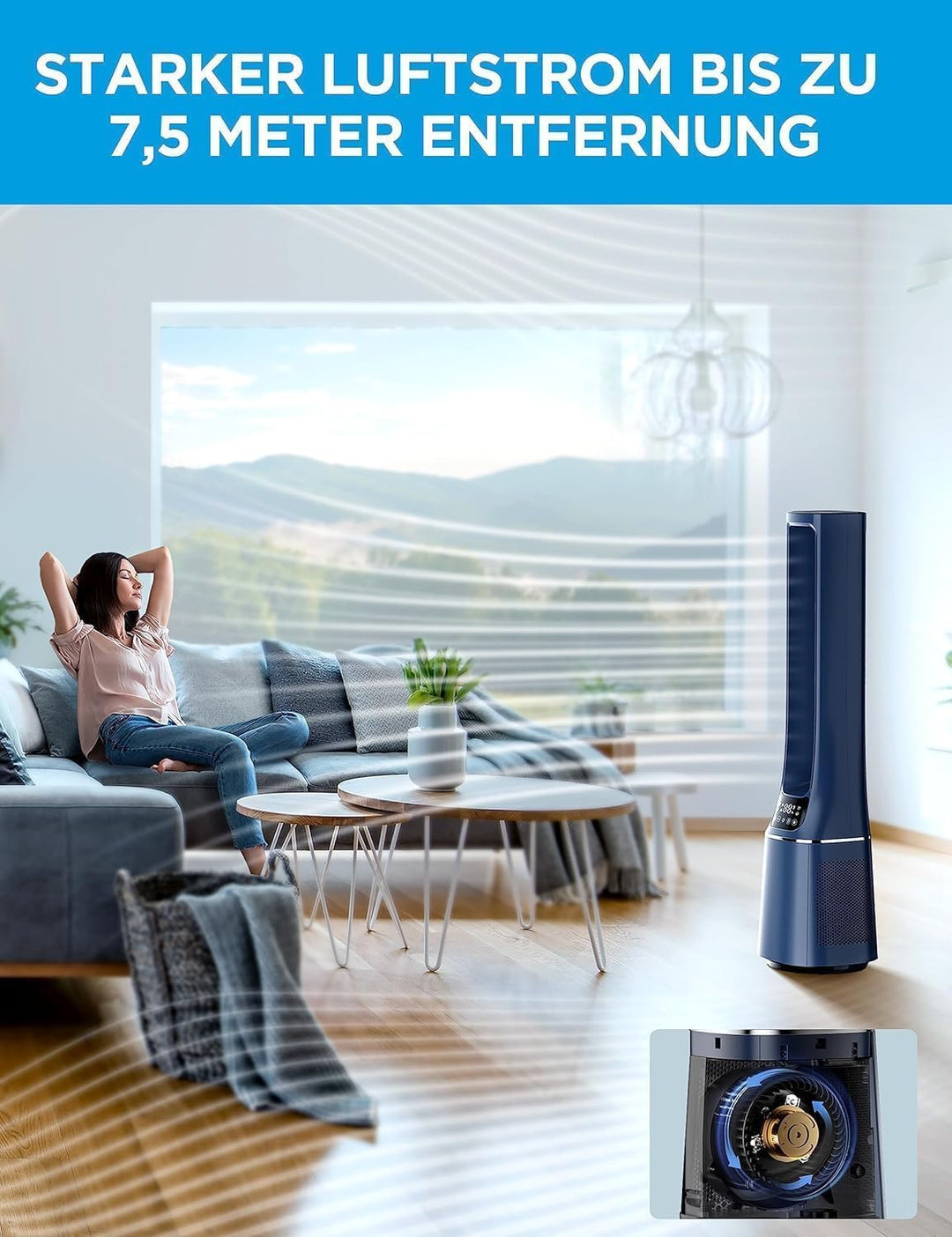 Midea MFP-120i (BL) 2 in 1 Turmventilator Leise 38dB Luftreiniger H13 True HEPA auf 47.6 ㎡ LED Displ